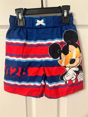 Toddler Boys, Disney Red and Blue Mickey Mouse Striped Swim Trunks, Size 3T